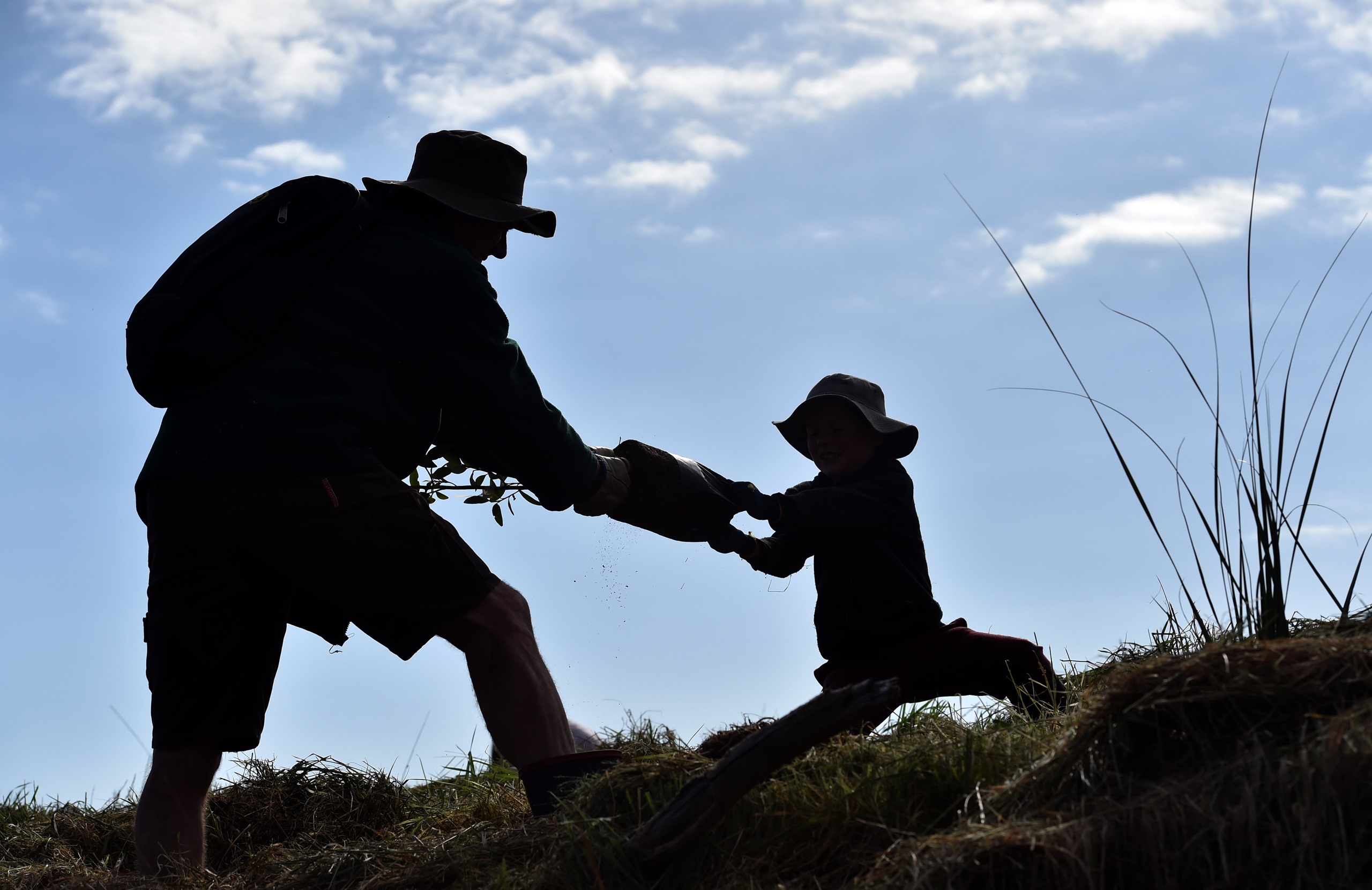 Kelvin and Fergus Lloyd (then aged 7) of Waitati during a tree planting near Karitane Estuary in...