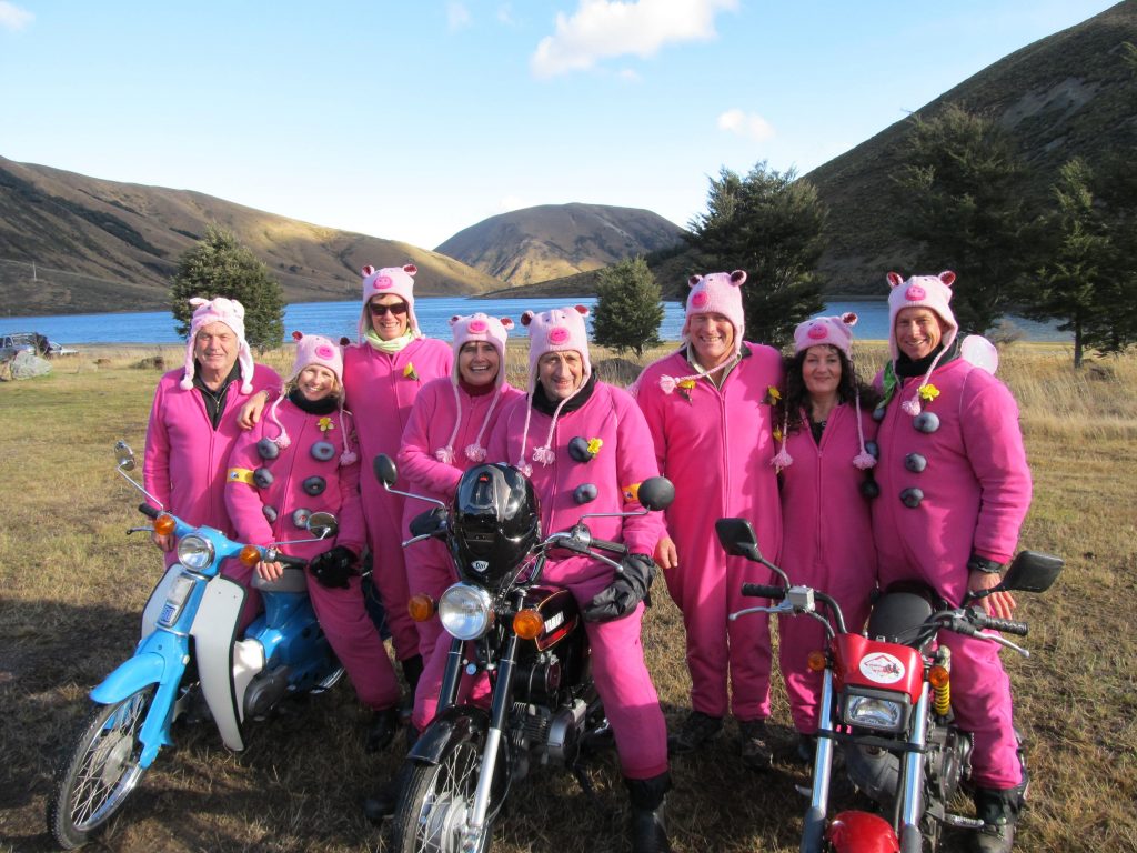 The Flying Babes team in 2014 at the Lake Lyndon stop on the Tranz Alpine Scooter Safari,...
