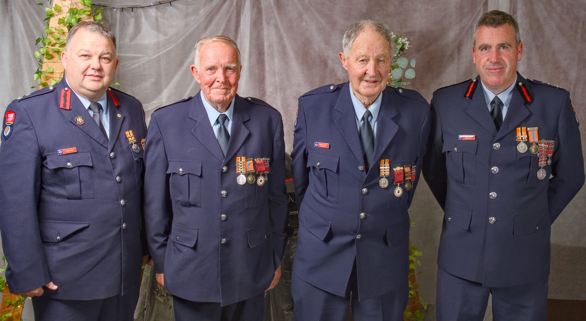 Firefighting top-brass (from left) FENZ acting district manager Craig Gold, founding Waitahuna...