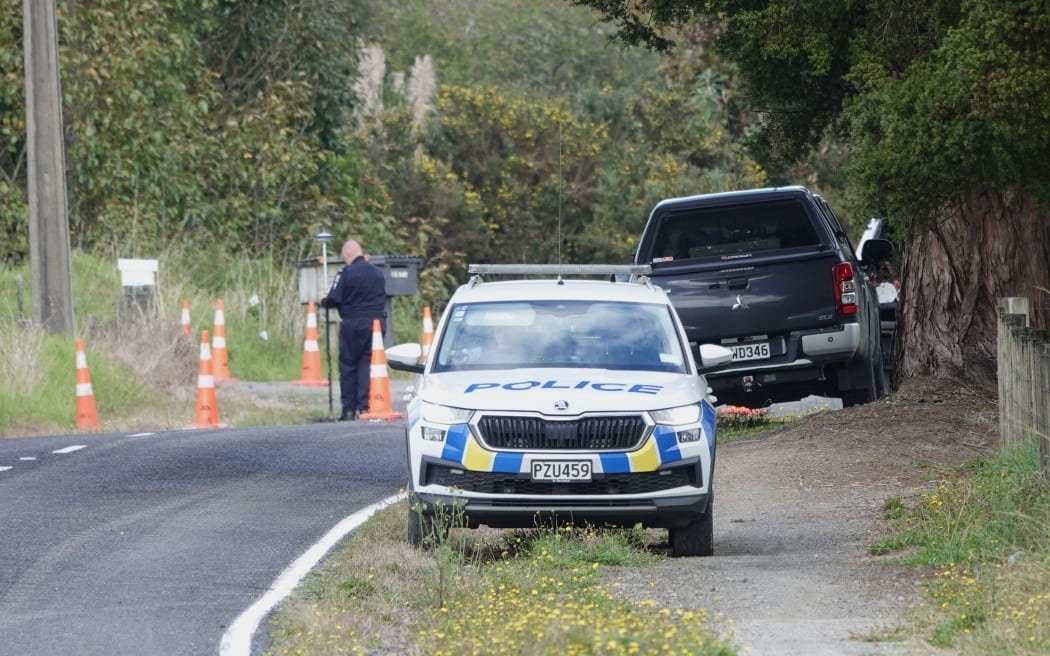 A Serious Crash Unit investigator surveys the scene on Ngapipito Rd, south of Kaikohe. Photo: RNZ 