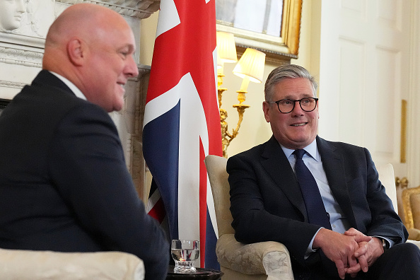 New Zealand Prime Minister Christopher Luxon (L) talks with UK Prime Minster Keir Starmer in...