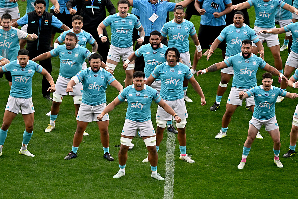 Moana Pasifika perform the Tau Moana before their Super Rugby game against the Queensland Reds...