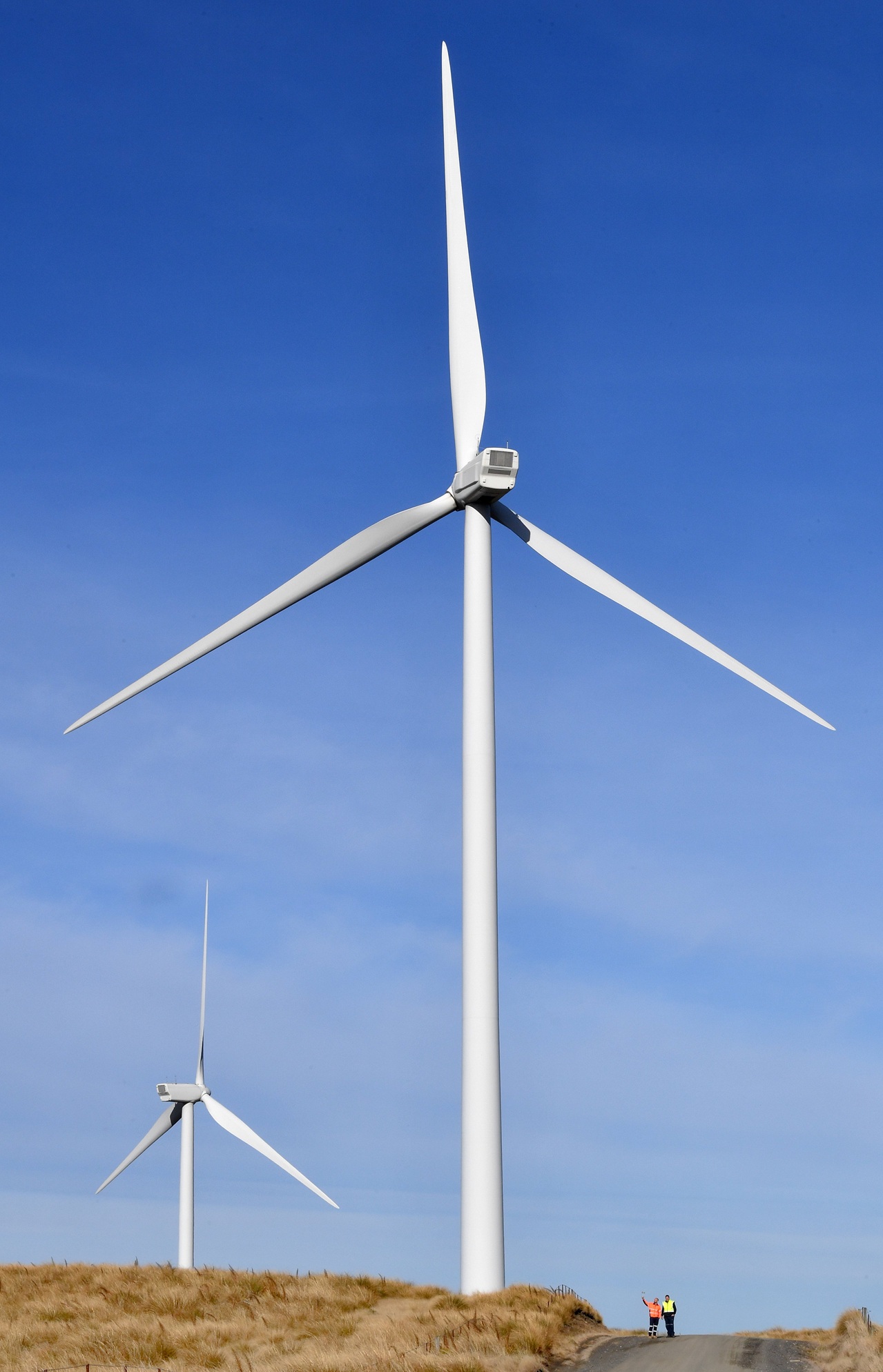 Dwarfed by a turbine at the Mahinerangi wind farm site are Mercury Energy wind operations manager...