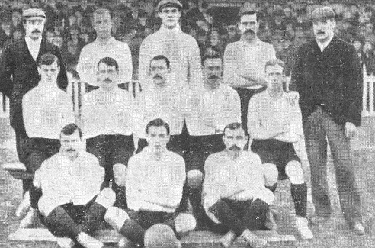 The Tottenham Hotspur team that won the 1901 FA Cup, with Sandy Brown centre-front with the ball.