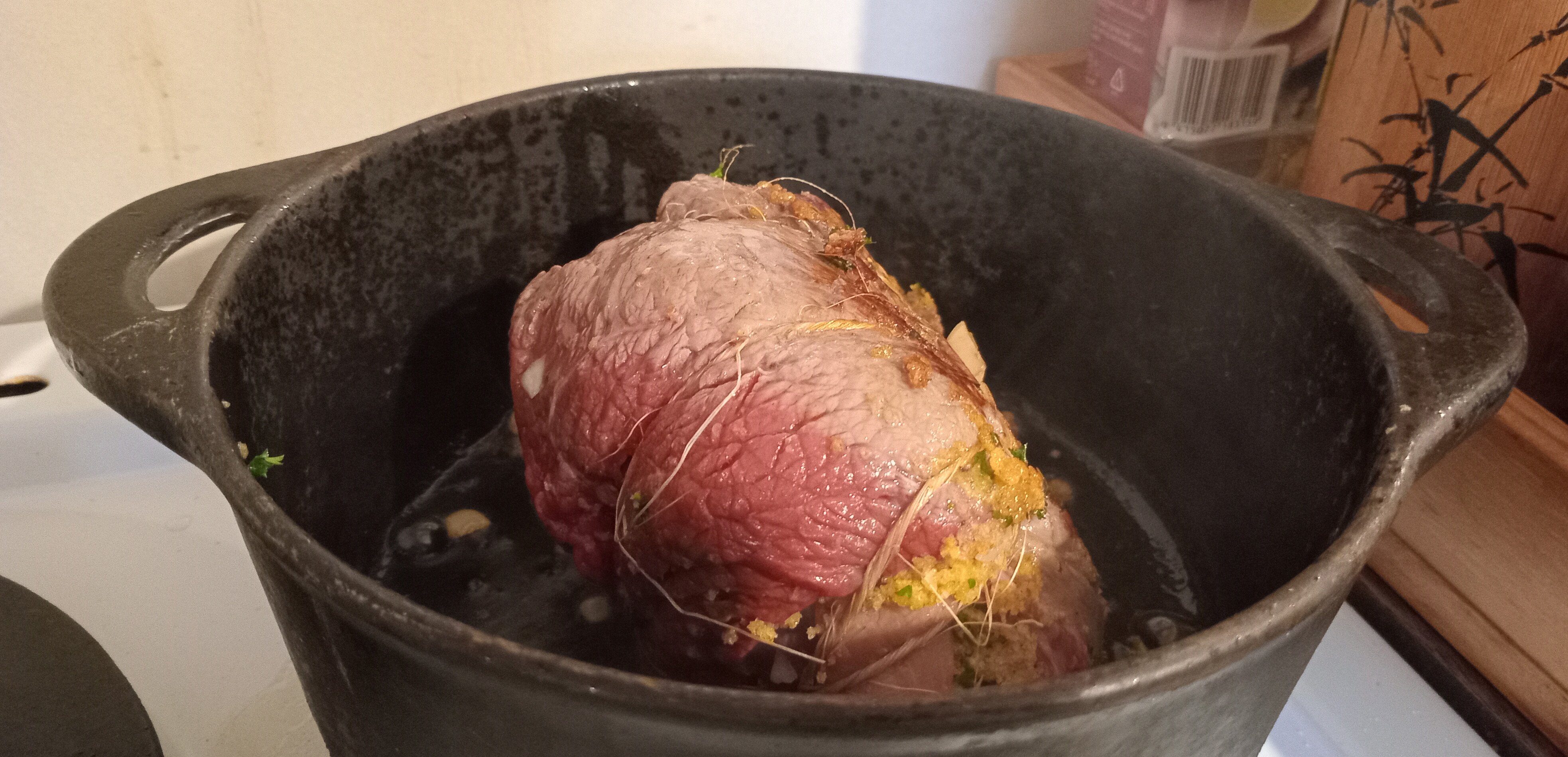 The lidded pot went into the oven at 150°C as I thought our stove wouldn’t run slowly enough....