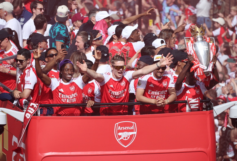 Arsenal players (from left) Noni Madueke, Viktor Gyokeres,  William Saliba and Bukayo Saka...