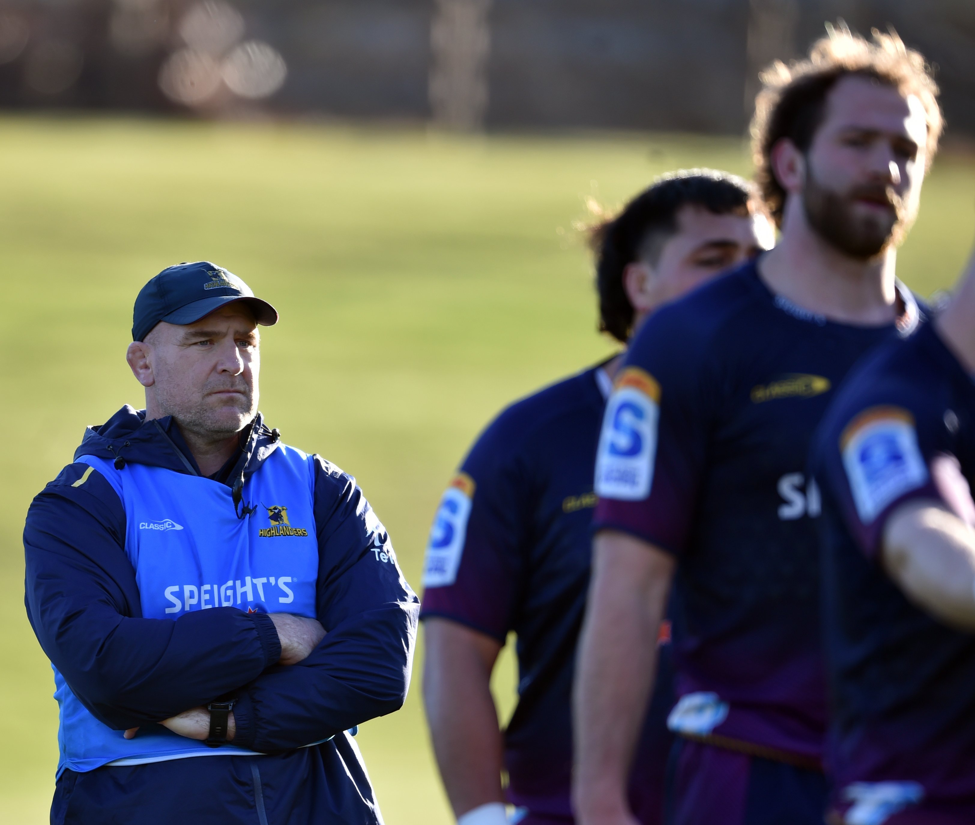 Clarke Dermody (left) keeps an eye on a Highlanders training session. PHOTOS: PETER MCINTOSH