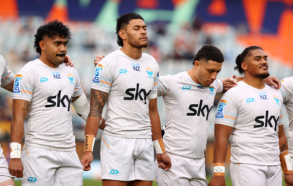 Moana Pasifika players are pictured before the round 16 Super Rugby match between ACT Brumbies...