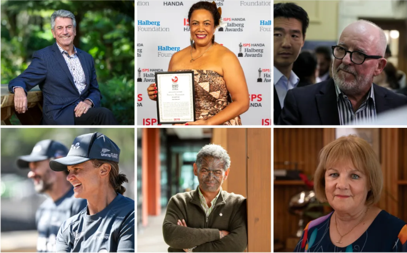 Clockwise from top left: Peter Boshier, Beatrice Faumuinā, Barry Soper, Suzie Bates, Reuben...