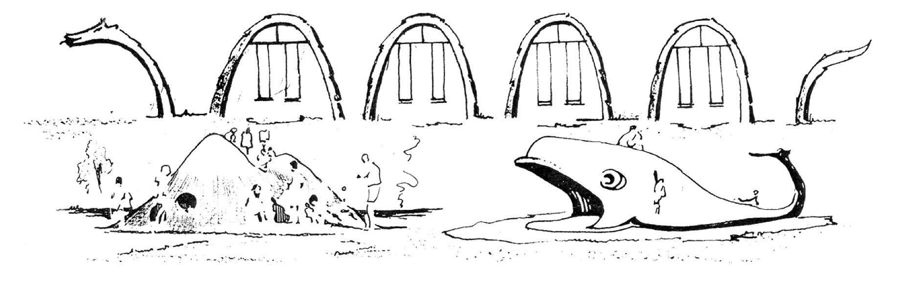 Proposed play equipment, including a dinosaur slide, sea serpent swings, Saddle Hill tunnels and...