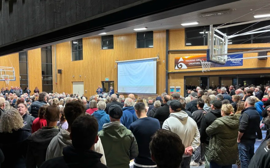 A packed public meeting at the Pegasus Bay School opposing the purchase of Pegasus' 18 hole...