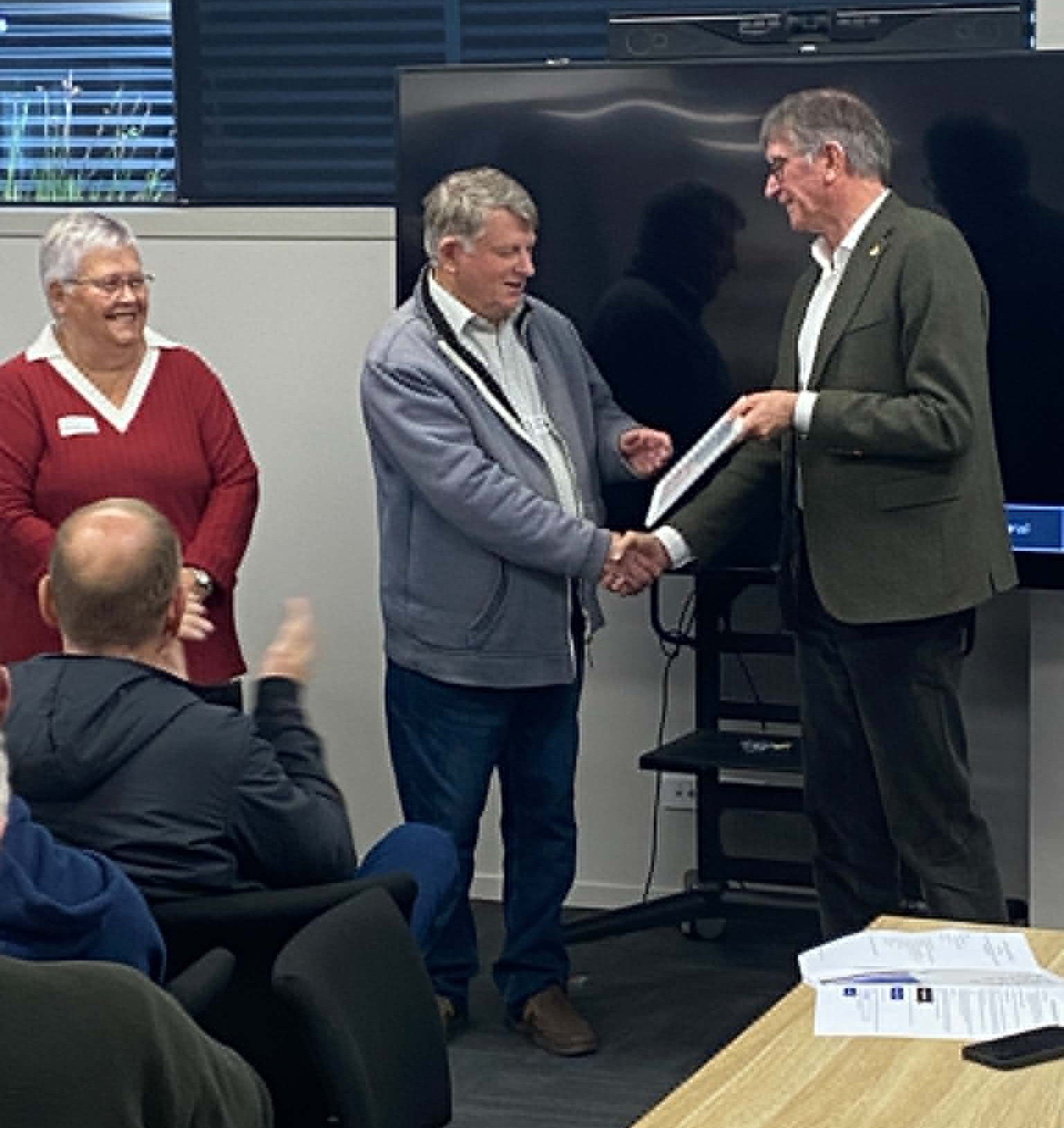 Michael Maynard receives the award from South Canterbury Justices of the Peace Association...