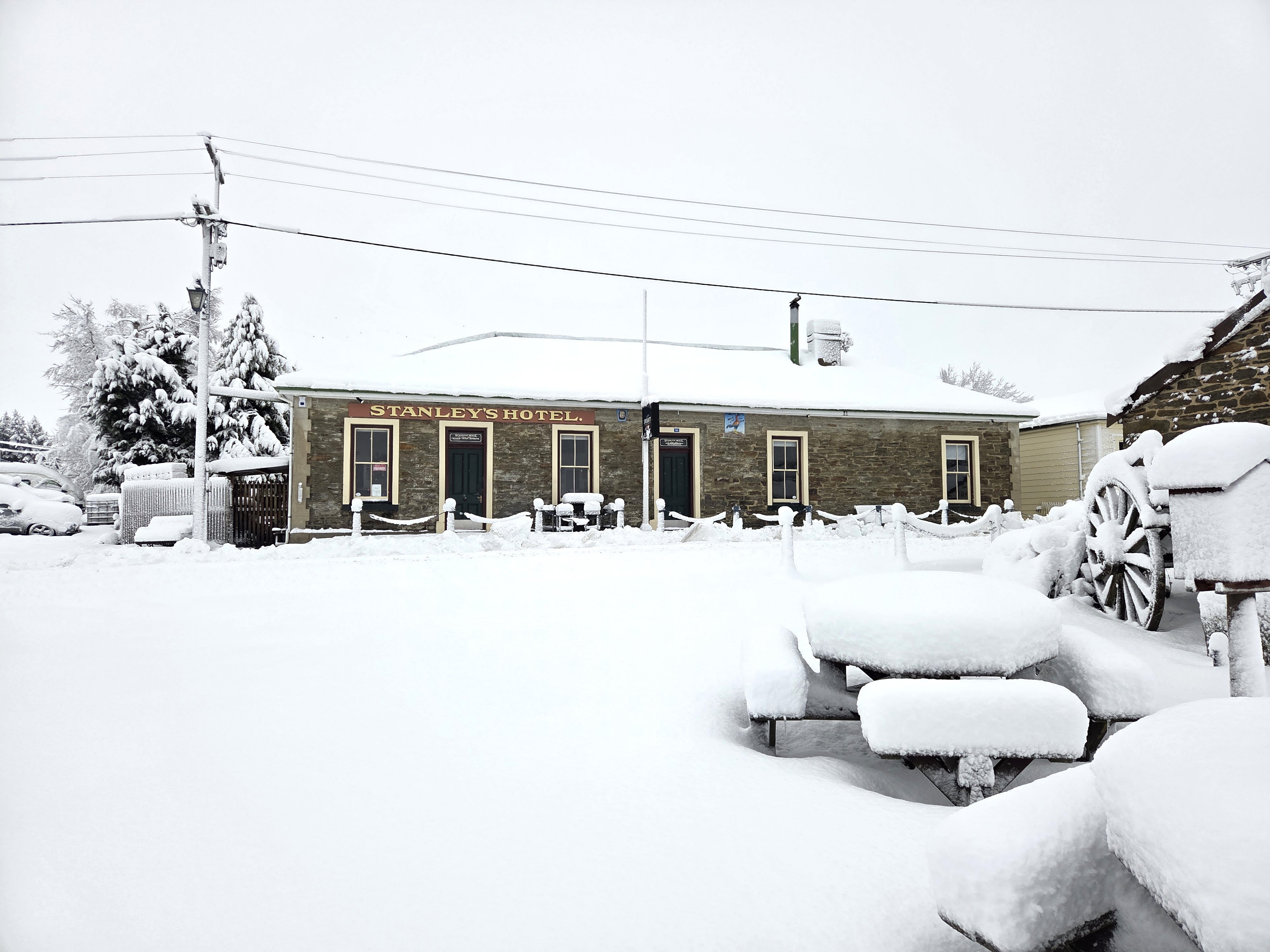 Snow blankets the ground at Stanley's Hotel, Macraes. PHOTO: MARIE MACKINNON