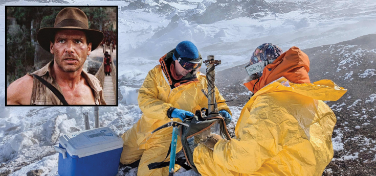 Professor Matthew Stott and Pepper Cook install a temperature sensor on Mt Erebus, Antarctica,...