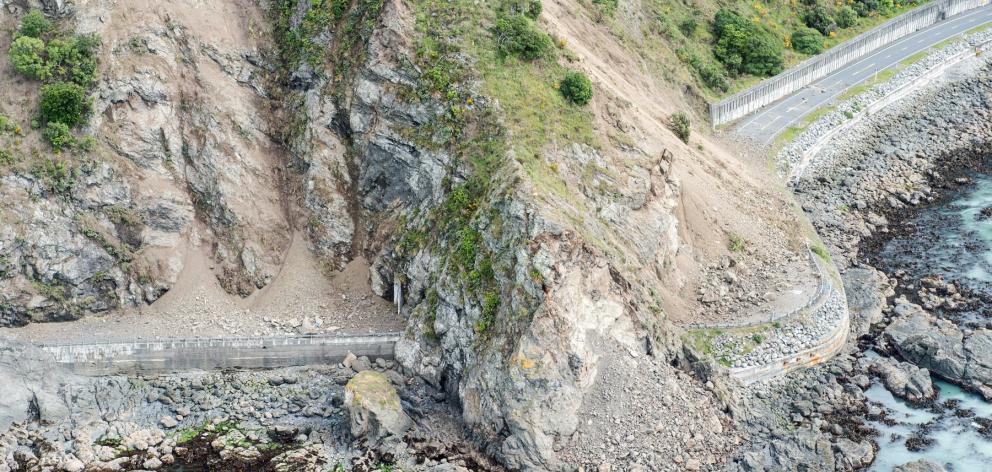 Landslips block State Highway 1 yesterday near Kaikoura. Photo: Reuters