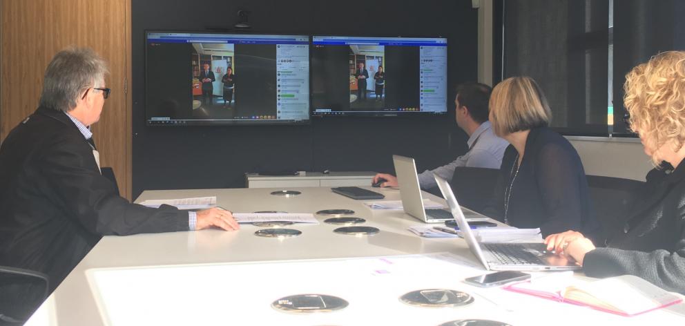 Otago Polytechnic's executive leadership team watch announcement today. Photo: Gerard O'Brien