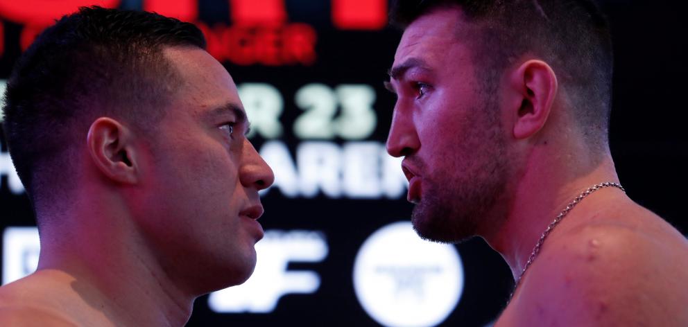Parker (left) and Hughie Fury face off at the weigh-in. Photo: Reuters 