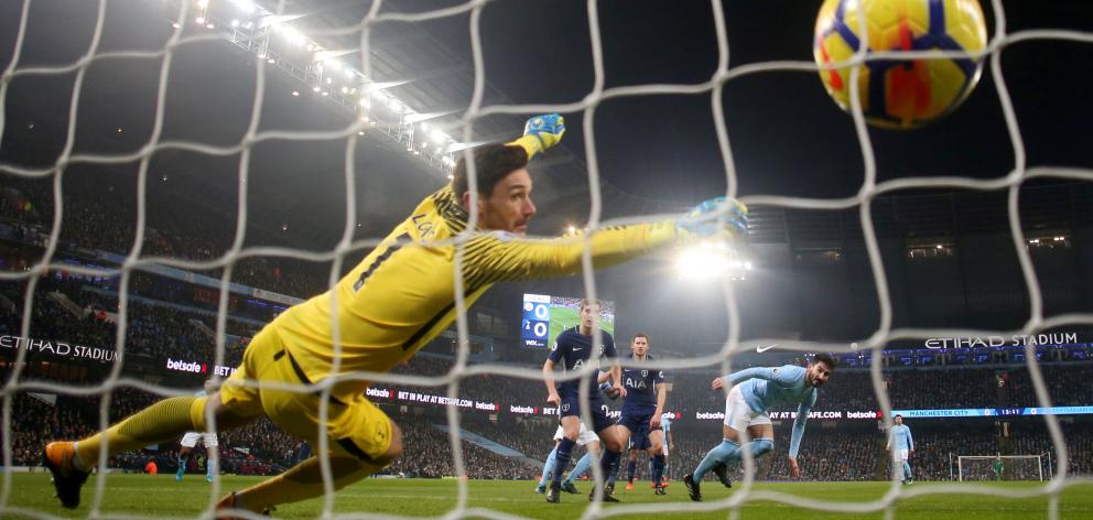 Manchester City's Ilkay Gundogan scores their first goal of four against Tottenham Hotspur on...