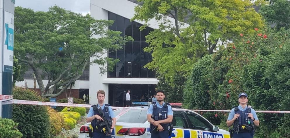 Police guard the Seventh Day Adventist Community Church on Saturday afternoon. Photo: RNZ 