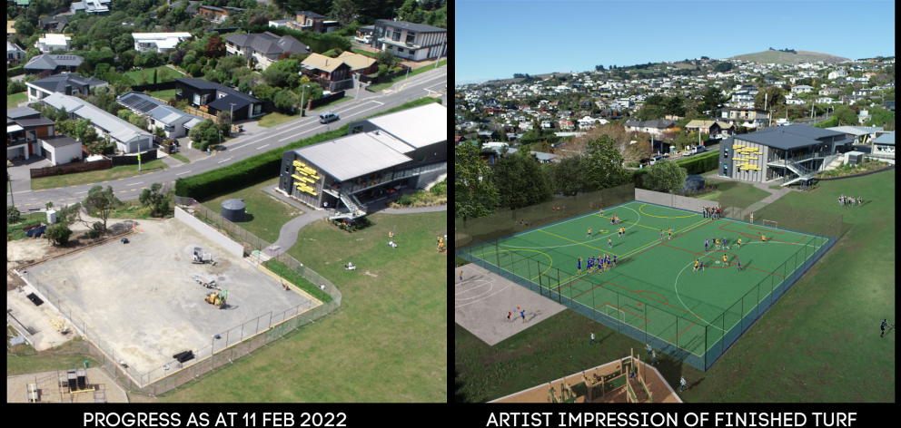 Left - the turf under construction on February 11 and (right) an artist's impression of the...