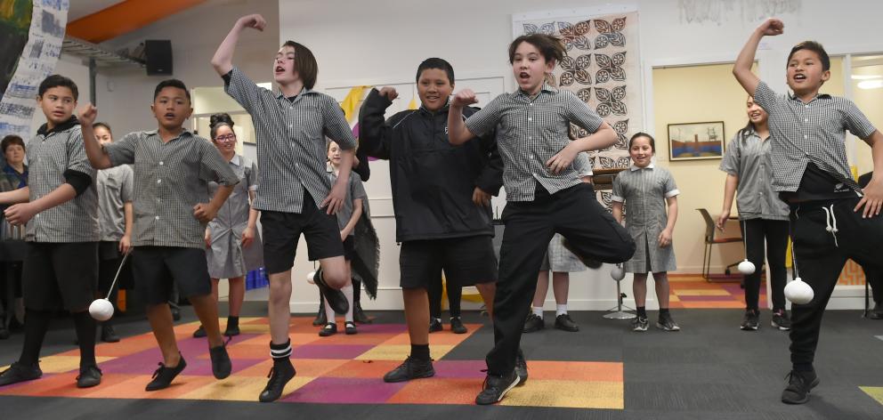 Bathgate School pupils perform a haka at the opening of the South Dunedin Community Pop-Up on Friday afternoon. PHOTO: Gregor Richardson