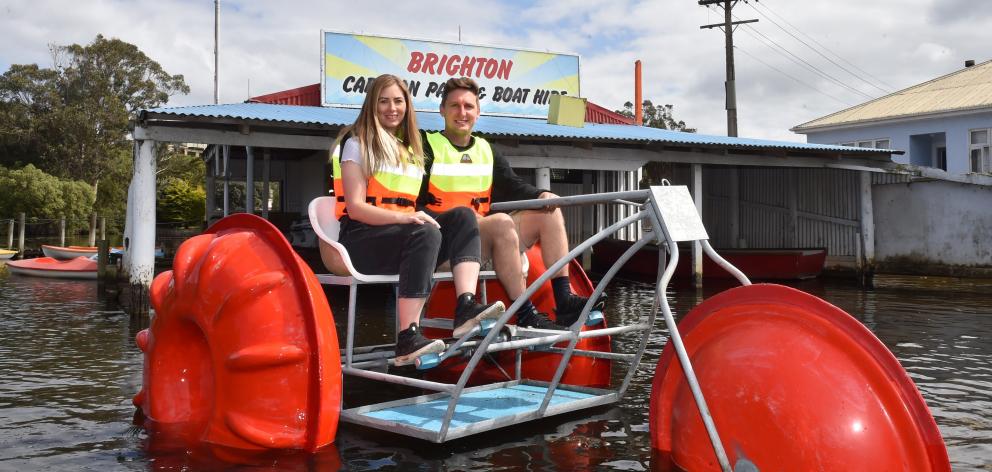 Monica and Jeff Wilson on one of the Brighton Boat Shed’s pedal bikes. PHOTO: GREGOR RICHARDSON