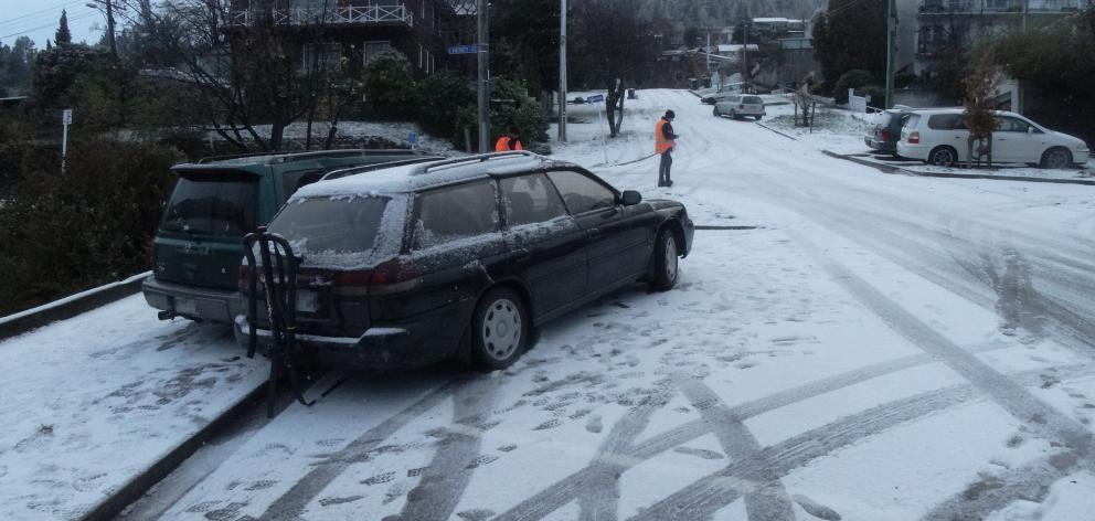 Two cars collided in the icy conditions on Ballarat St in Queenstown this morning. Photo: Daisy Hudson 