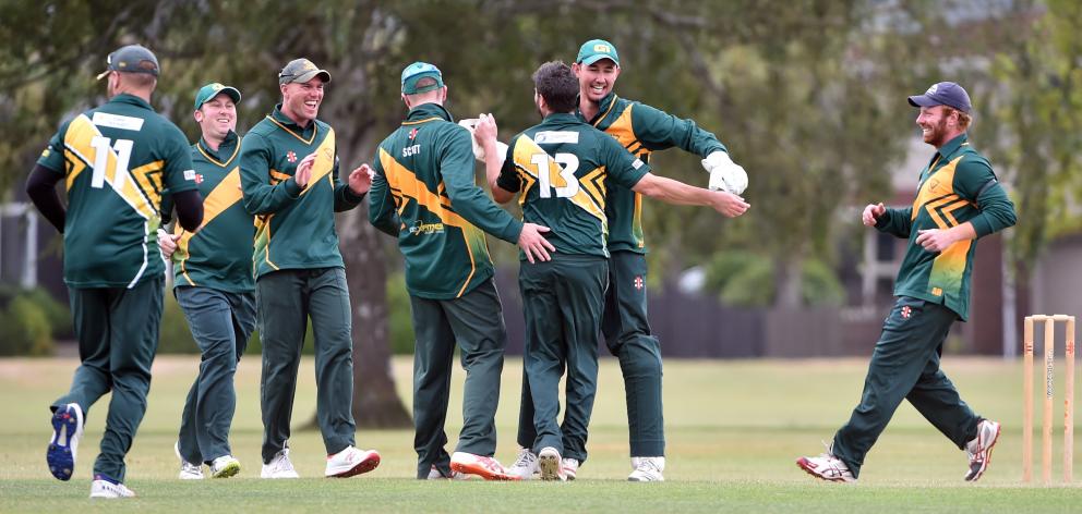 Green Island players celebrate taking a Taieri wicket during the regional club knockout final at...