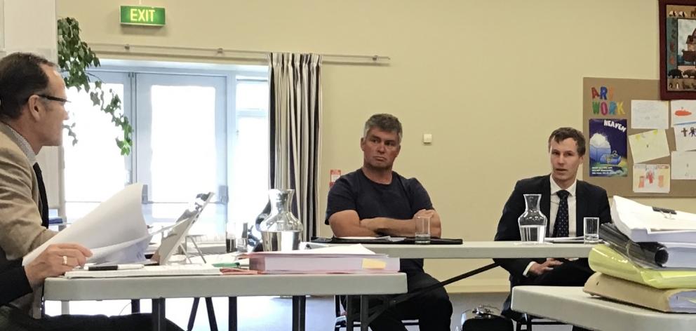 At the Commissioner's Hearing in Cromwell are (from left) Independent commissioner Gary Rae, Central Motor Speedway Club president Andy Erskine, lawyer for the club and Highlands Motorsport Park Derek McLachlan. Photo: Jared Morgan