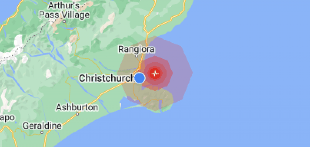 The qauke struck of the east coast of Christchurch. Photo: Google