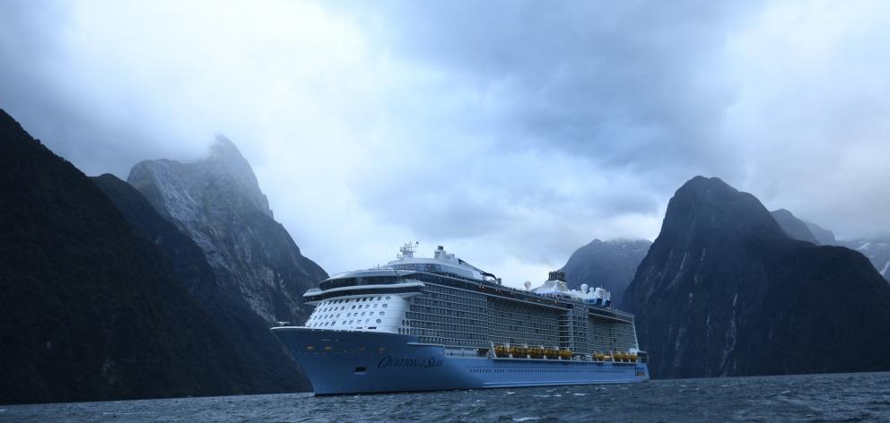 Mega-cruise ship Ovation of the Seas in Milford Sound earlier this year. Photo: Stephen Jaquiery