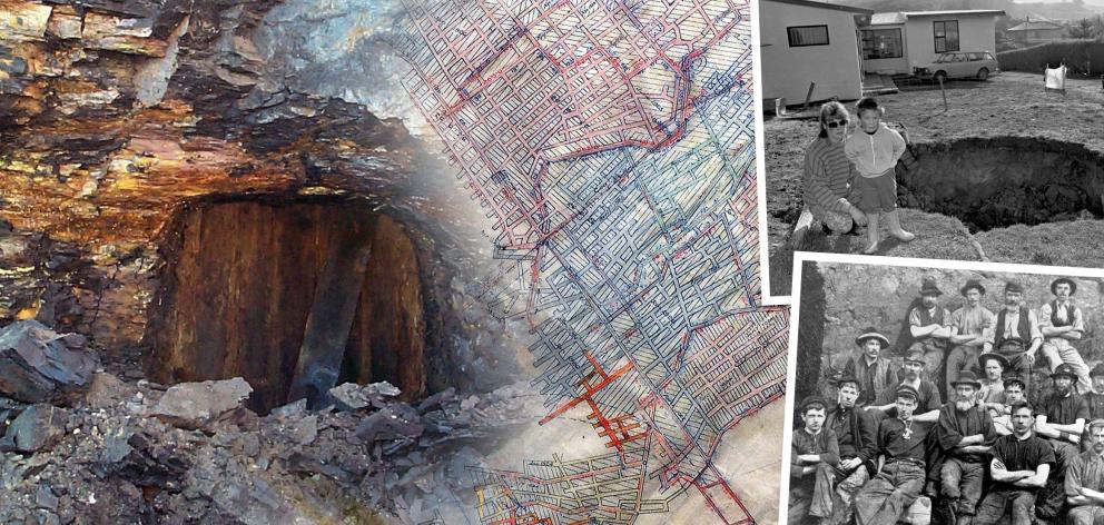 Slices of Dunedin's coal mining past include (clockwise from left) an old, boarded up coal mine...