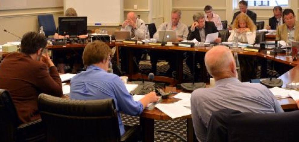 Dunedin city councillors and staff consider the city’s budget at  yesterday’s pre-draft annual plan meeting. Photo by Gerard O'Brien