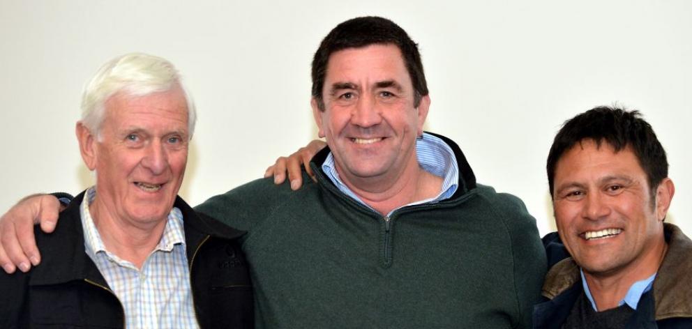 Former Otago coach Tony Gilbert (left), former Otago captain Richard Knight and former All Black and Kiwi John Timu at Forsyth Barr Stadium on Sunday. Photo by Peter McIntosh.