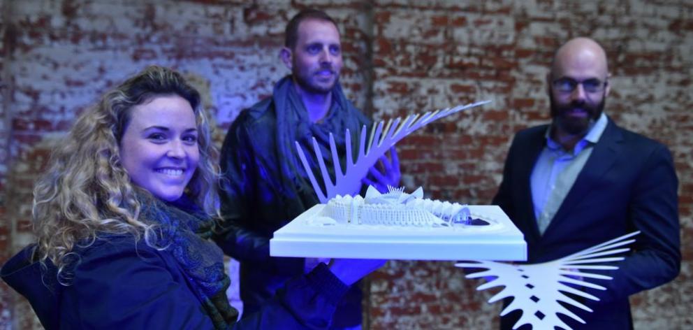 Ashleigh Jackson (left) and Damien van Brandenburg (centre), creative directors of Architecture van Brandenburg's upcoming Vogel Street Party exhibition, with Dunedin City Council urban design team leader Glen Hazelton. Photo by Gregor Richardson.