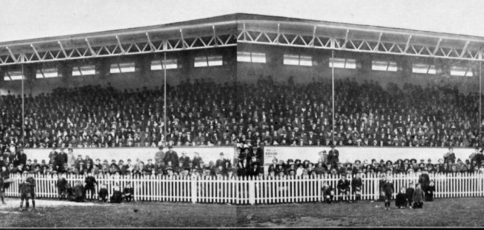 The Otago Rugby Football Union's new grandstand at Carisbrook, during the final of the Rugby Championship between Kaikorai and Varsity on August 8. Kaikorai won by six points to five. - Otago Witness, 19.8.1914. Copies of picture available from ODT front 