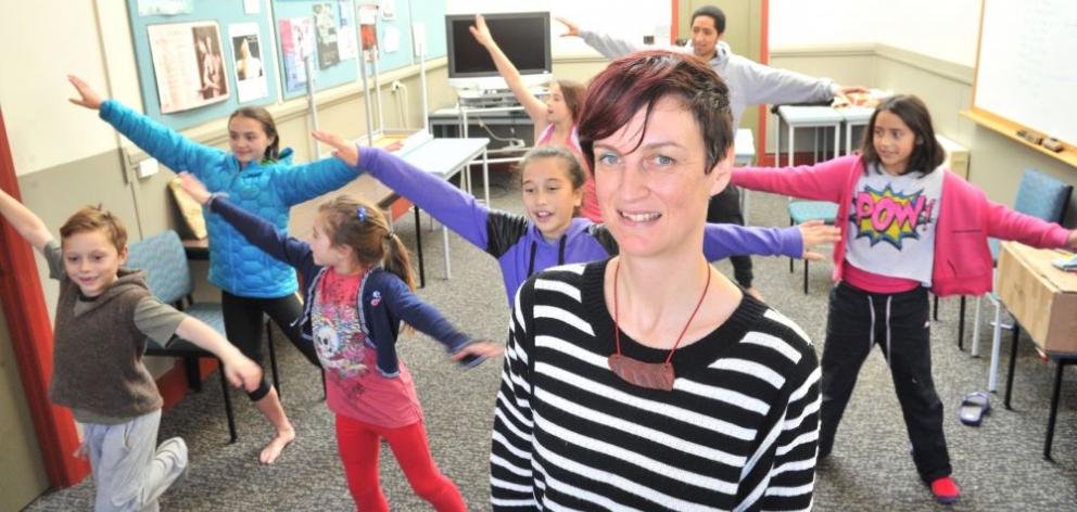 Caroline Plummer Fellow Louise Potiki Bryant (foreground) with a group of young dancers rehearsing at the PhysEd School dance studio for Te Motu-tapu O Tinirau, which will be performed at Toitu Otago Settlers Museum on June 21. The young dancers are (from