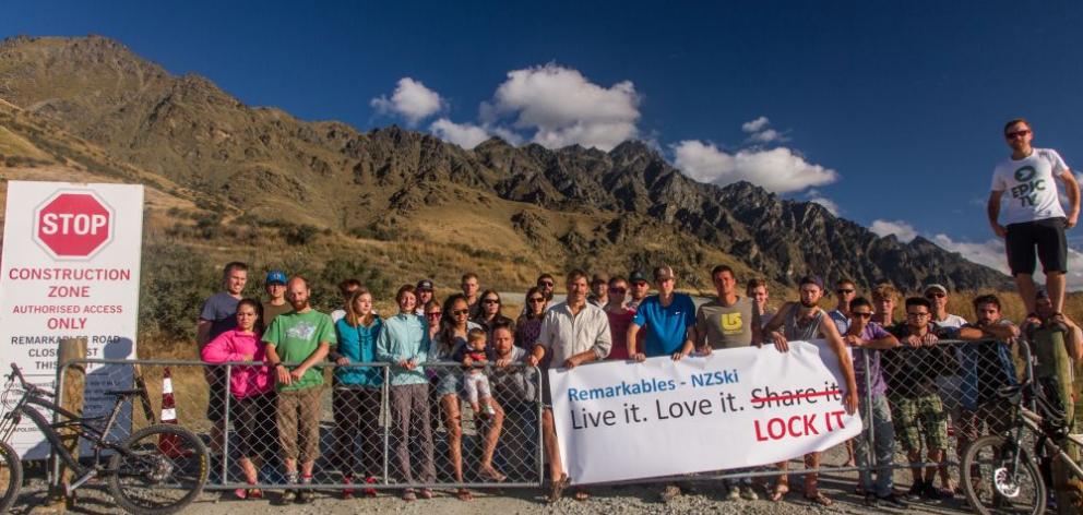 A group of Queenstown outdoor enthusiasts protest the  closure of the Remarkables access road on Tuesday. Photo by Guillaume Charton. 