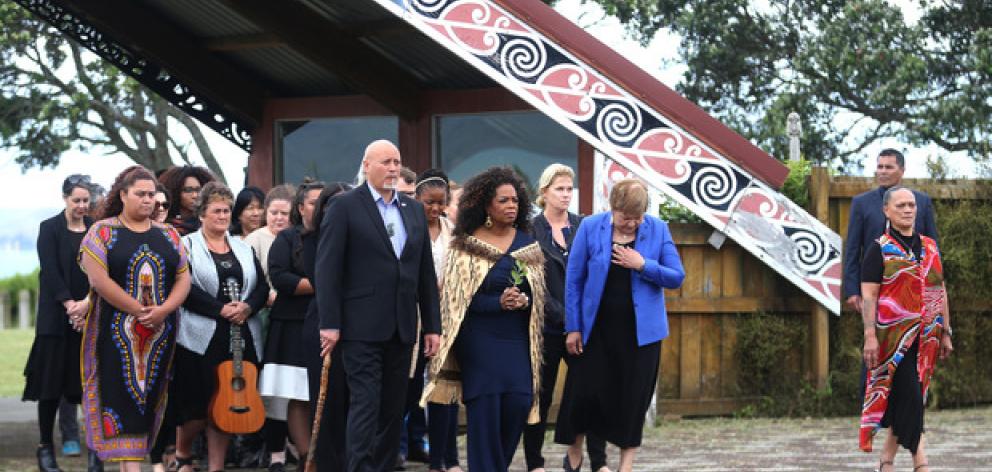 Oprah Winfrey wore a traditional Maori cloak on the marae. Photo: NZ Herald