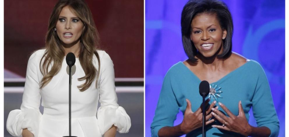 Melania Trump speaking on Tuesday (left) and Michelle Obama at the Democratic National Convention in 2008. Photo: Reuters 