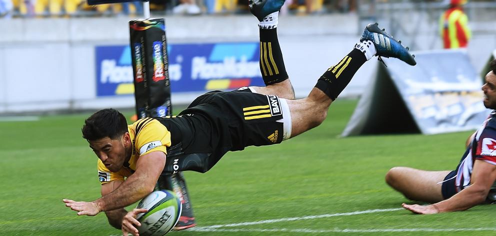 Nehe Milner-Skudder scores one of three tries in Wellington on Saturday. Photo: Getty Images 