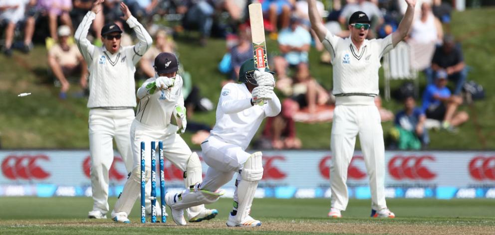 Kagiso Rabada is bowled by Jeetan Patel. Photo: Getty Images 