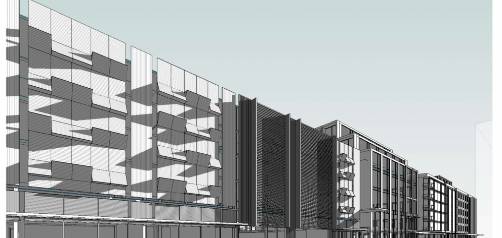 The current stage one plan, looking north-east across Armagh St, with the car park entrance...