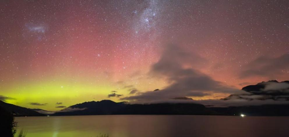 The aurora above Lake Wakatipu, between 5 and 6am on Saturday. Photo: Supplied via RNZ / Jim...