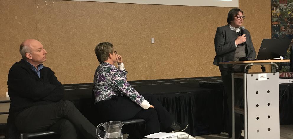 Destination Queenstown chief executive Graham Budd and lawyer Jayne Macdonald look on as Dr Marion Poole addresses the Frankton Community Association meeting. Photo: Daisy Hudson