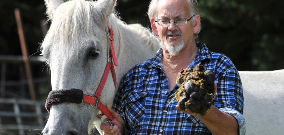 Wandering horseman Keith Roberts with his horse Zara and her manure near Berwick. Photo: ODT File