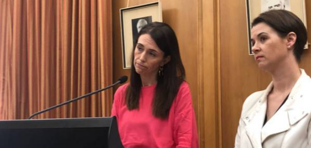 Prime Minister Jacinda Ardern and new Labour Party president Claire Szabo at a press conference...