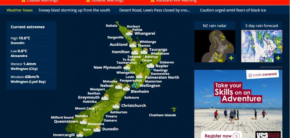 The Metservice website had Dunedin as the warmest in the country at one stage this morning, while Alexandra was the coolest. Photo: Metservice