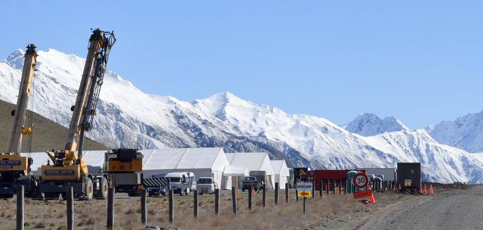 Highlift cranes wait for action at the film basecamp. Photo: Stephen Jaquiery