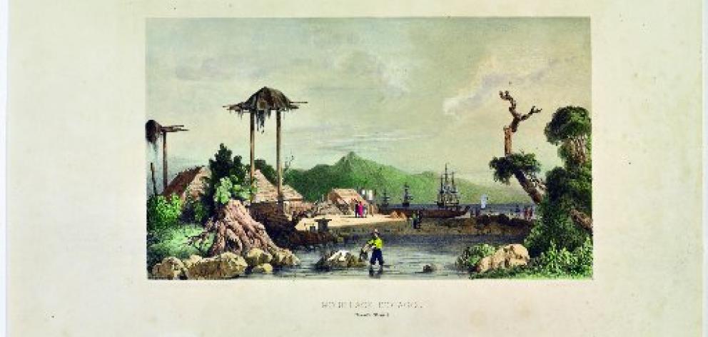 Detail from Mouillage d’Otago, 1846, a hand-coloured lithograph, by Louis Le Breton. A whata,...